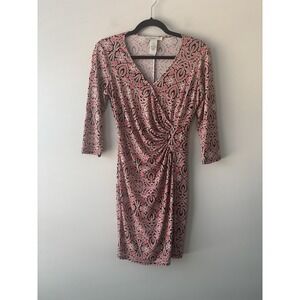 Laundry By Design Women's Pink Geometric Wrap‎ V-Neck 3/4 Sleeve Dress Sz 6P